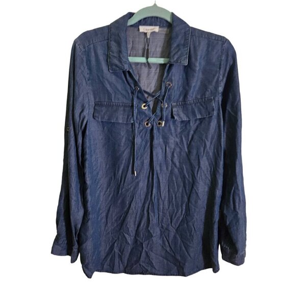Calvin Klein NWOT Roll Sleeve Lace Up Chambray Blouse Size S - Picture 2 of 8